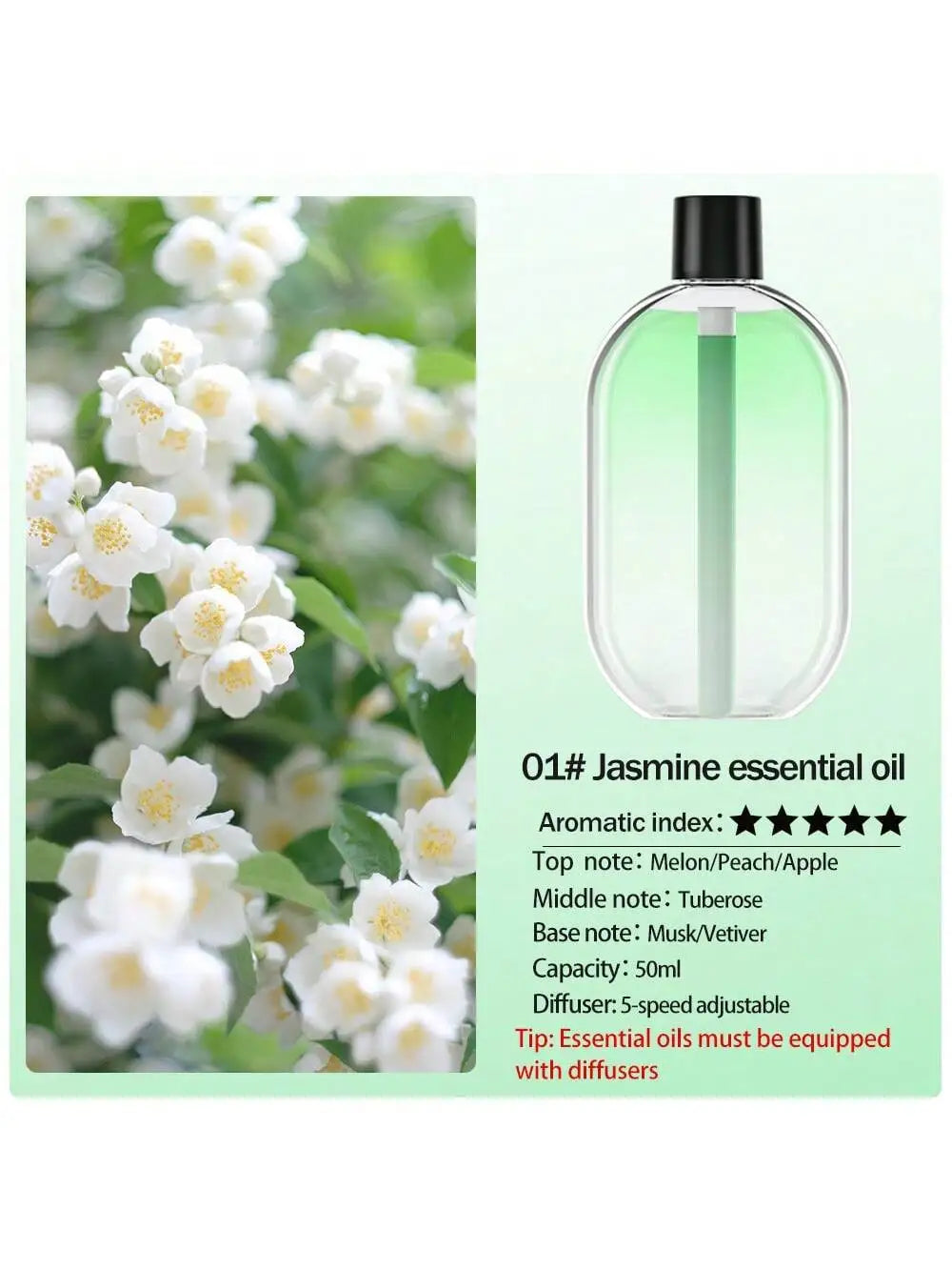 Rechargeable portable aromatherapy diffuser diffuser machine, aromatherapy essential oil, refreshing agent, deodorizer, 5-speed