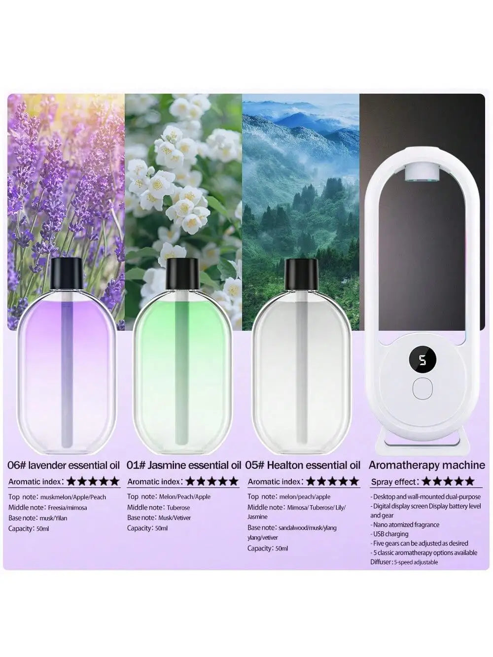 Rechargeable portable aromatherapy diffuser diffuser machine, aromatherapy essential oil, refreshing agent, deodorizer, 5-speed